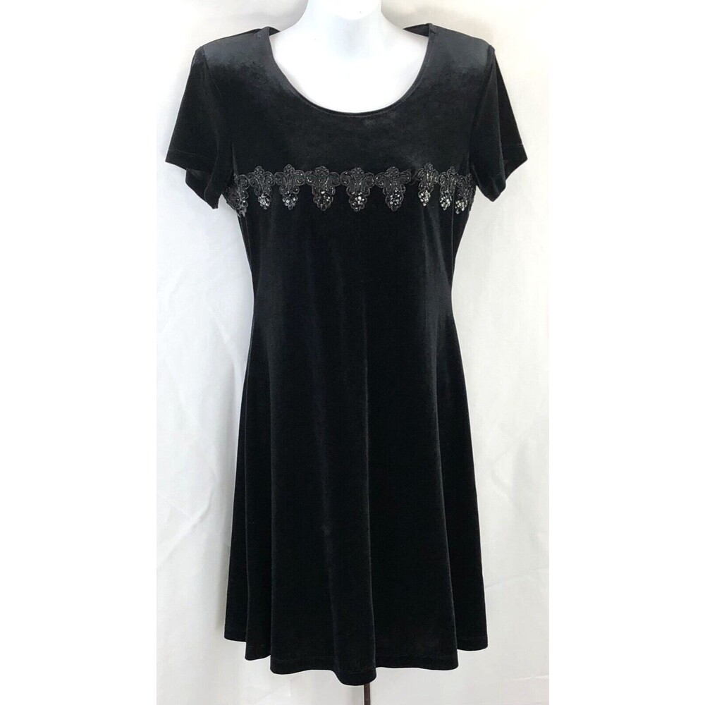 Vintage John Roberts Sheath Dress 6 Blk Velvet Velour Beads Dk Fairy Gothic 90s